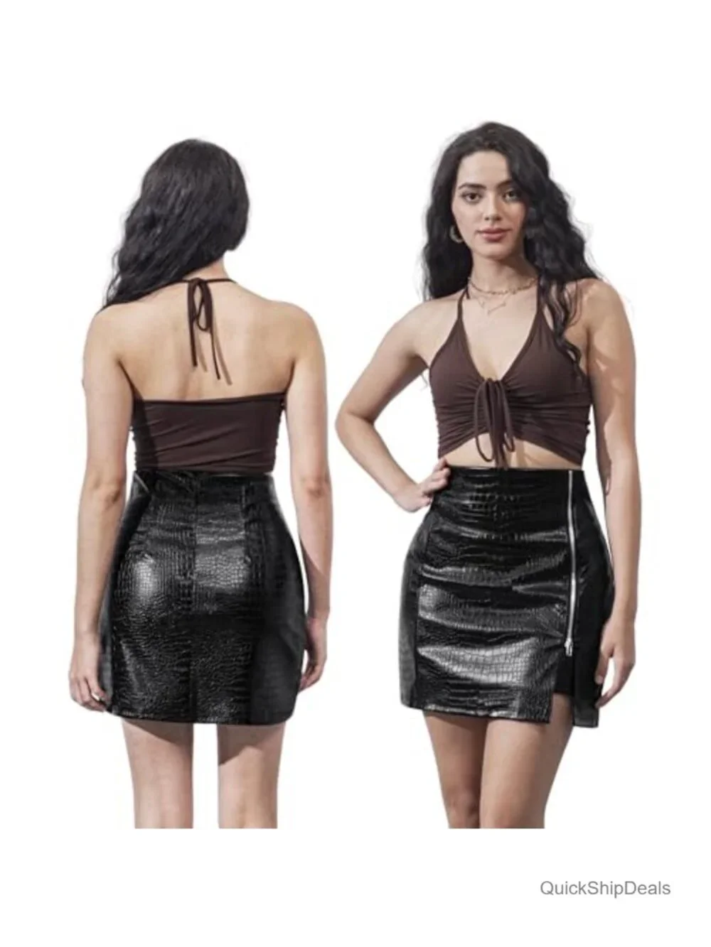 Women's Faux Leather High Waisted Mini Pencil Skirt Zipper Slit Bodycon